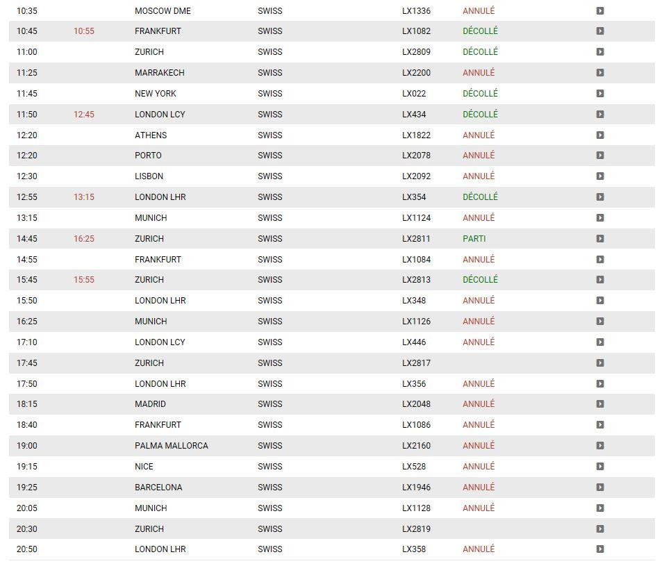 Le tableau de départ des vols à l'aéroport de Genève tel qu'il figure sur le site web de l’aéroport.