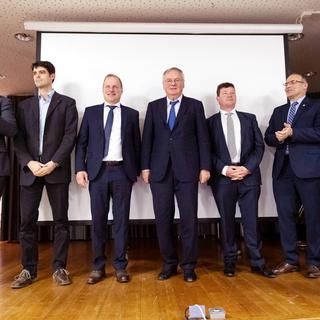 Les 7 candidats de l'UDC fribourgeoise pour les élections aux Chambres Fédérales. [Keystone - Adrien Perritaz]
