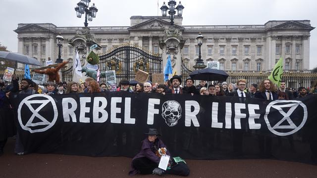 Quatorze militants d'Extinction Rebellion avaient été arrêtés lors de la manifestation devant Buckingham Palace le 24 novembre 2018 à Londres. Une activiste s'était collée à la colle forte aux grilles du palais. [AFP - Niklas Halle'n]