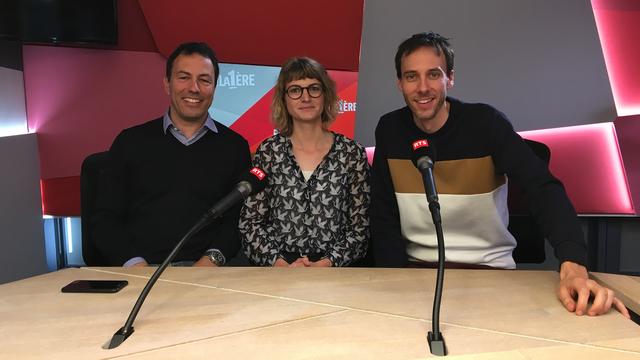 Olivier Dessibourg, Aurélie Coulon et Stéphane Gabioud lors de l'émission "Médialogues" du 11 mai 2019. [RTS - Antoine Droux]