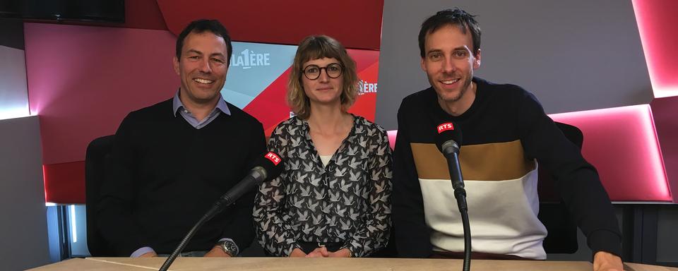 Olivier Dessibourg, Aurélie Coulon et Stéphane Gabioud lors de l'émission "Médialogues" du 11 mai 2019. [RTS - Antoine Droux]