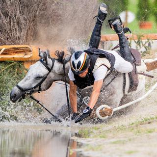Samedi 20 juillet: cheval et cavalier en mauvaise posture lors d'une compétition à Aix-la-Chapelle, en Allemagne. [Keystone - DPA/Rolf Vennenbernd]