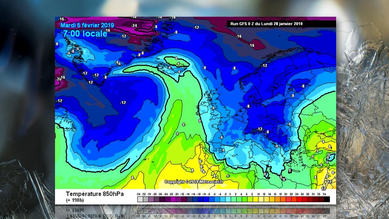 Températures à 850 hPa prévues le 5 février 2019 [GFS]