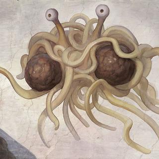 "Touché par Son Appendice Nouillesque", parodie de La Création d'Adam de Michel-Ange, représente l'emblème du pastafarisme. [CC-BY-SA/Wikipedia]