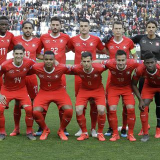 L'équipe nationale suisse de football avant son match contre la Géorgie à Tbilissi le 23 mars 2019. [Keystone - Shakh Aivazov]
