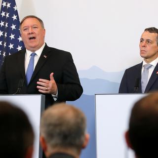 Le secrétaire d'Etat américain Mike Pompeo s'exprime à Bellinzone en compagnie d'Ignazio Cassis le 2 juin 2019. [Reuters - Arnd Wiegmann]