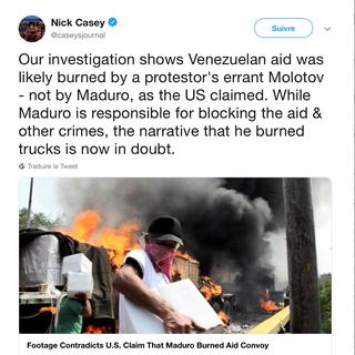 Tweet de Nick Casey sur l'actualité au Vénézuela. [DR]