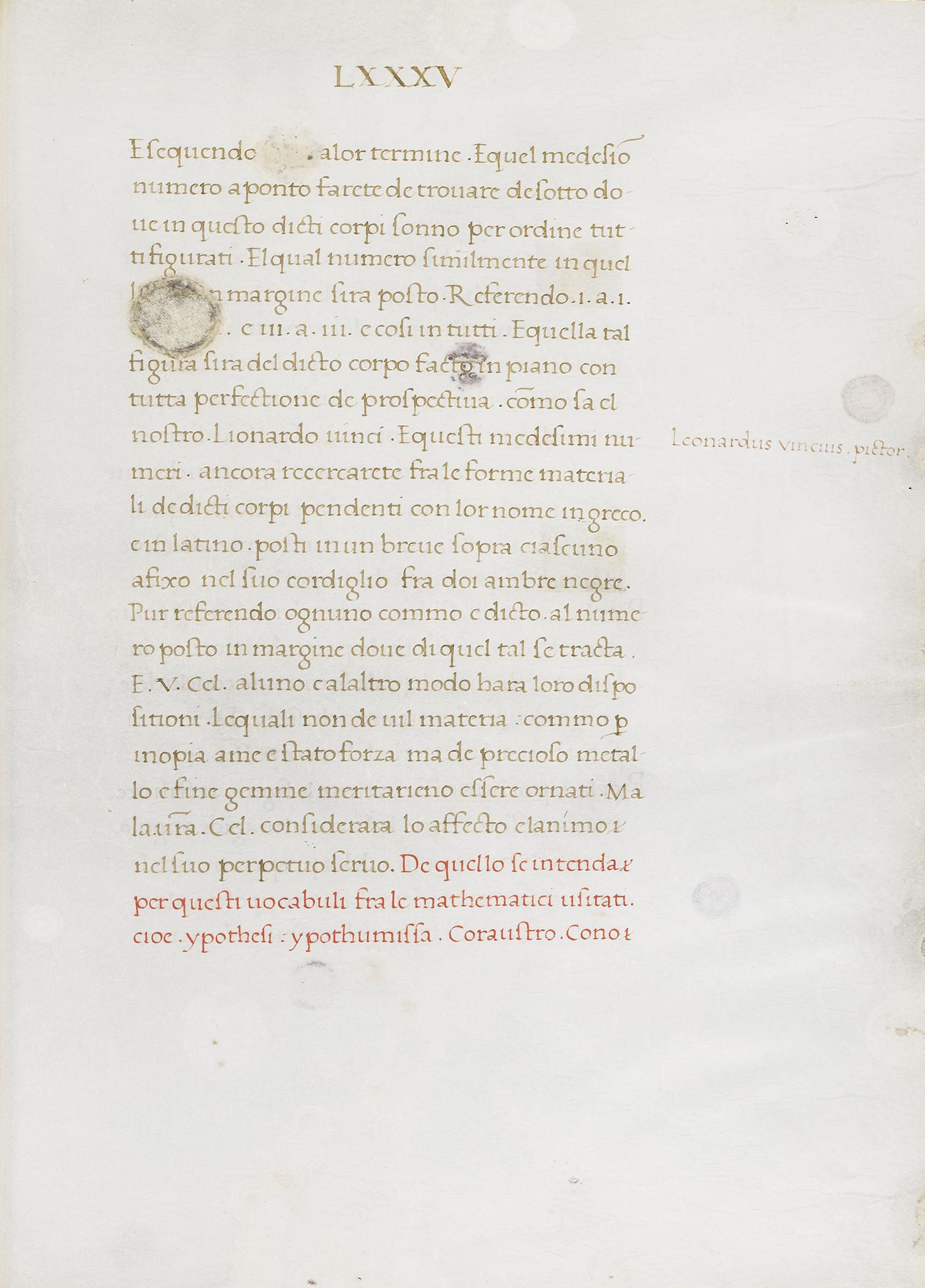 Mention de Léonard de Vinci au folio 85 de "De Divina Proportione". [Bibliothèque de Genève]