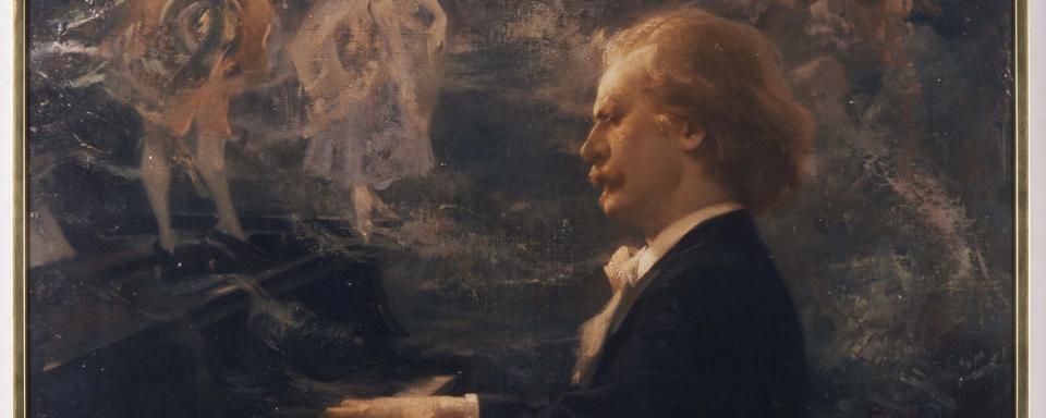 Illustration allégorique de Paderewski jouant son fameux Menuet réalisée en 1920 par Charles Edward Chambers (1883-1941). [Collections du Musée Paderewski de Morges]