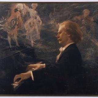 Illustration allégorique de Paderewski jouant son fameux Menuet réalisée en 1920 par Charles Edward Chambers (1883-1941). [Collections du Musée Paderewski de Morges]