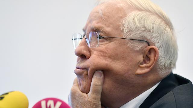 Christoph Blocher devant la presse à Zurich, 16.04.2019. [Keystone - Walter Bieri]