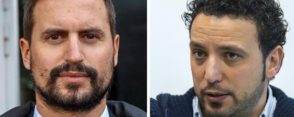 Vincent Maître, député PDC et avocat de certains chauffeurs, et Umberto Bandiera, secrétaire syndical d'Unia Genève. [Keystone - Salvatore Di Nolfi et Martial Trezzini]