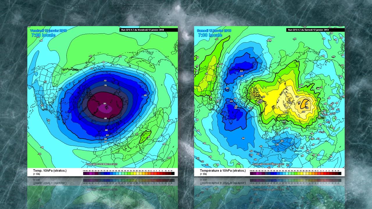 Températures du vortex polaires en janvier 2018 (à gauche) et en janvier 2019 (à droite). [GFS/Meteociel.fr]