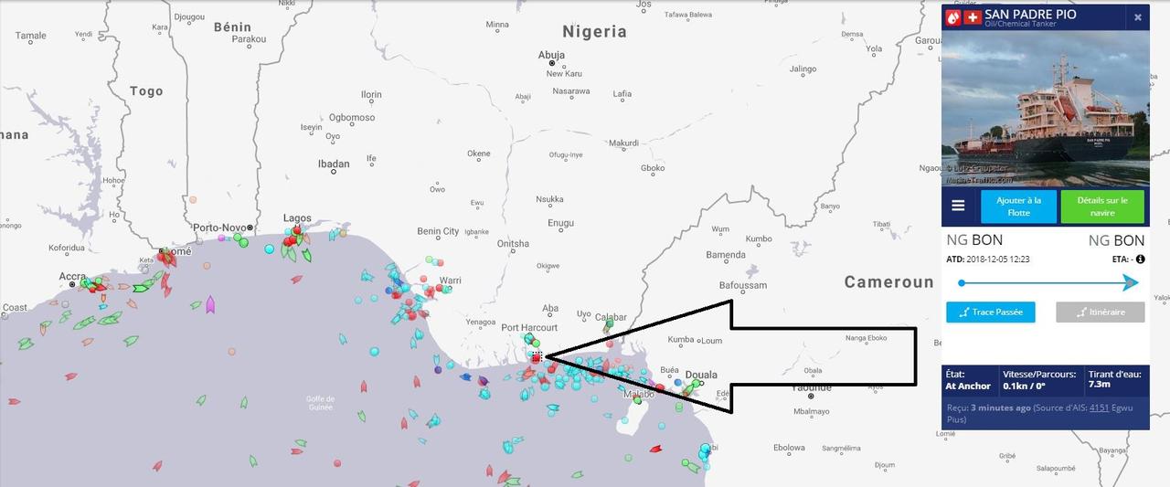 Le San Padre Pio se trouve actuellement au large de l'île de Bonny, au Nigeria. [MarineTraffic.com]