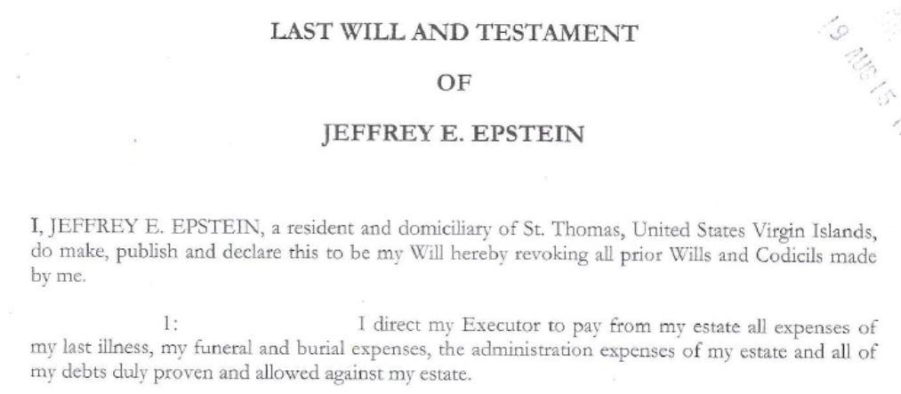 Le début du testament de Jeffrey Epstein, signé le 8 août 2019. [RTS]