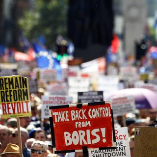Des manifestants dénoncent un "coup d'Etat" de Boris Johnson. [Reuters - Henry Nicholls]