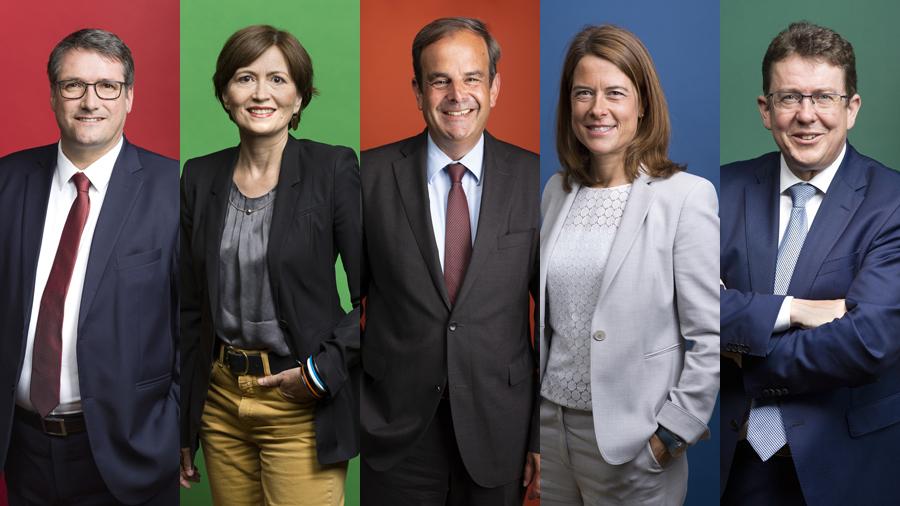 Les présidents des cinq principaux partis suisses: Christian Levrat (PS), Regula Rytz (Verts), Gerhard Pfister (PDC), Petra Gössi (PLR) et Albert Rösti (UDC). [Keystone - Gaetan Bally]