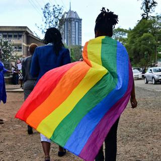 Un membre de la communauté LGBTQ arborant un drapeau arc-en-ciel quitte la Haute Cour du Kenya, le 24 mai 2019. [AFP - Tony Karumba]