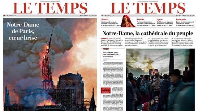 Les unes du Temps des 16 avril 2019 (gauche) et 17 avril 2019 (droite) [photomontage]. [Le Temps]