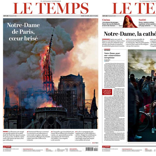 Les unes du Temps des 16 avril 2019 (gauche) et 17 avril 2019 (droite) [photomontage]. [Le Temps]