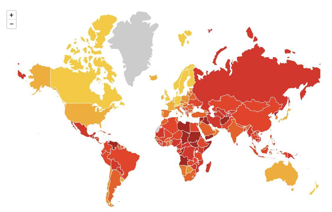En jaune clair, les pays les moins corrompus selon l'IPC, et en rouge les plus corrompus. [transparency.org]
