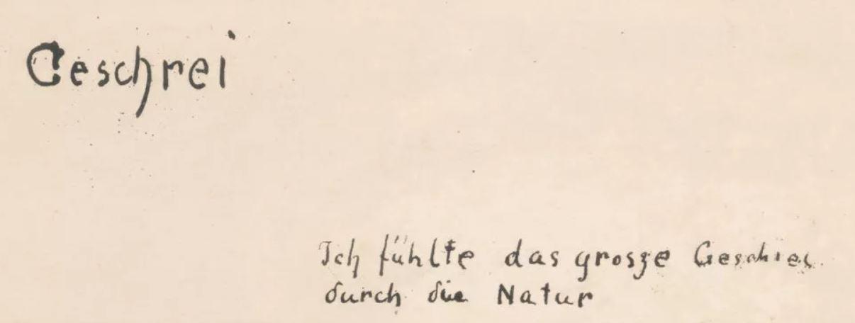 Détail de l'inscription en allemand de l'épreuve lithographie du "Cri", 1895: "J'ai senti le grand cri qui parcourait la nature". [The Munch Museum/CC BY 4]