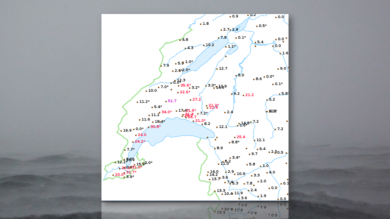 Cumuls de précipitations (mm) enregistrés le 15 juin 2019 [Meteosuisse]