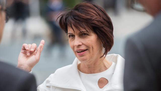 Doris Leuthard, photographiée le 1er juin 2016 lors de l'inauguration du tunnel de base du Gothard. [Keystone - Samuel Golay]