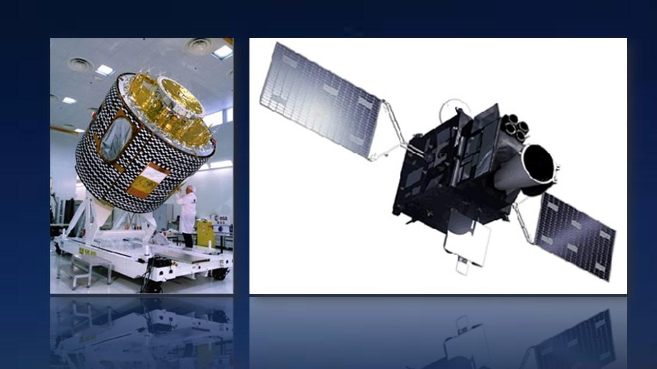 Météosat 2ème génération (à gauche) et Météosat 3ème génération (à droite) [ESA]