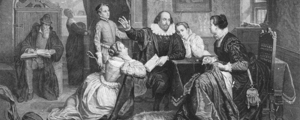 William Shakespeare récitant sa pièce "Hamlet" à sa famille. Son épouse, Anne Hathaway, est assise sur la chaise de droite; son fils Hamnet est derrière lui à gauche alors que ses deux filles Susanna et Judith l'entourent.