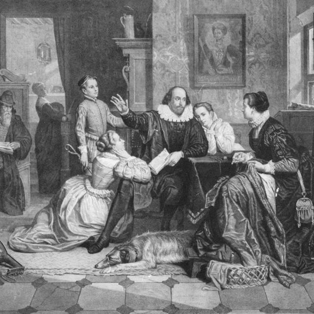 William Shakespeare récitant sa pièce "Hamlet" à sa famille. Son épouse, Anne Hathaway, est assise sur la chaise de droite; son fils Hamnet est derrière lui à gauche alors que ses deux filles Susanna et Judith l'entourent.