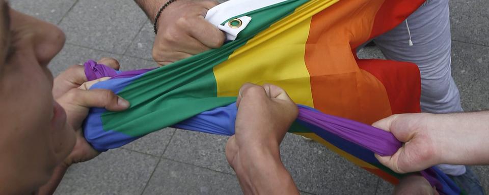 Des hommes russes tiennent un drapeau arc-en-ciel pendant un manifestation LGBT+ (Moscou, mai 2015). [Keystone/epa - Sergei Ilnitsky]