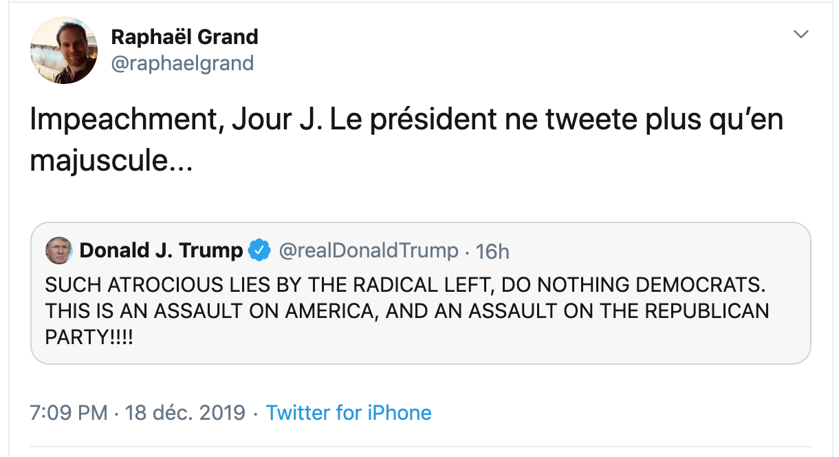 Tweet du journaliste RTS Raphaël Grand sur les messages du président Trump. [Twitter - DR]