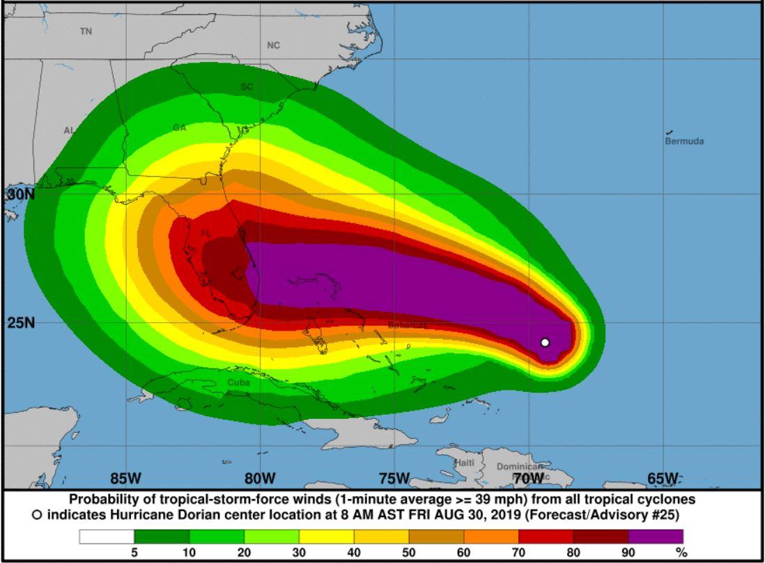 Les probabilités de la force des vents pour l'ouragan Dorian, en miles per hour (mph). [NHC/CPHC]