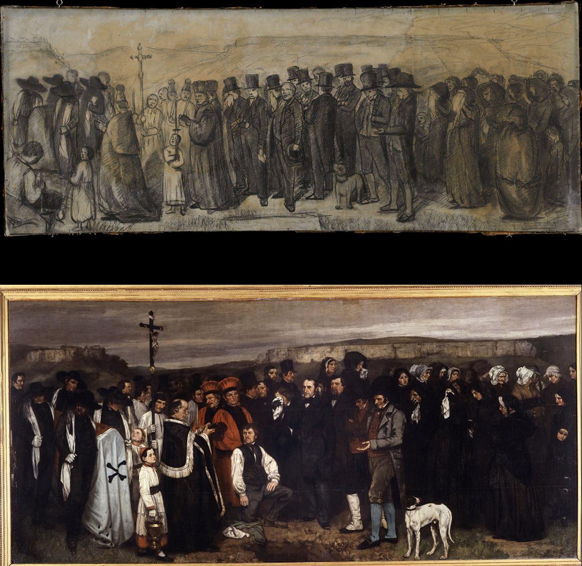 La version préparatoire et la version définitive du tableau "Un enterrement à Ornans", manifeste du réalisme, dont Courbet était le chef de file. (Montage photo). [Musée des Beaux-Arts et d’Archéologie de Besançon/ Leemage/AFP - Photo Josse/Pierre Guenat]