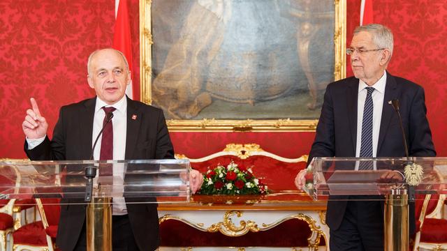 Ueli Maurer (gauche) et son homologue autrichien Alexander Van der Bellen (droite) devant la presse à Vienne, ce 11 janvier 2019. [EPA - FLORIAN WIESER]