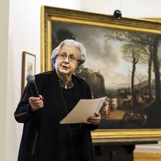 Alice Pauli, galeriste, parle lors d'une conference de presse sur des dons importants au MCBA, mardi 7 mars 2017. [Keystone - Jean-Christophe Bott]