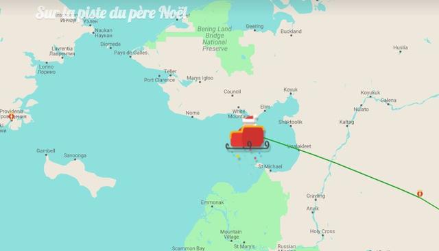 Sur le site de Google, le Père Noël s'apprête à quitter le continent américain près du détroit de Bering.