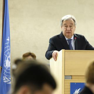Le secrétaire général de l'ONU Antonio Guterres ouvre la 40e session du COnseil des droits de l'homme. [Keystone - Salvatore Di Nolfi/EPA]