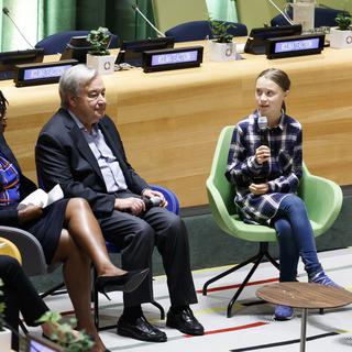La jeune activiste pour le climat Greta Thunberg a notamment parlé devant le secrétaire général des Nations unies Antonio Guterres. [Keystone/EPA - Justin Lane]