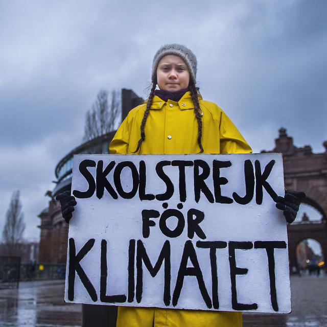 Greta Thunberg tient une pancarte appelant à la grève pour le climat. [AFP - Hanna Franzen]