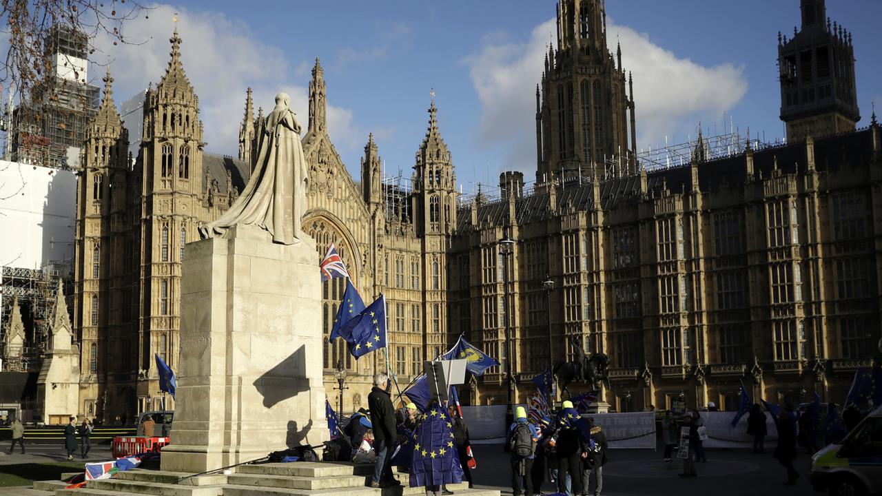 Des manifestants pro-Europe devant le Parlement britannique à Londres, ce mardi 8 janvier 2019. [AP - MATT DUNHAM]