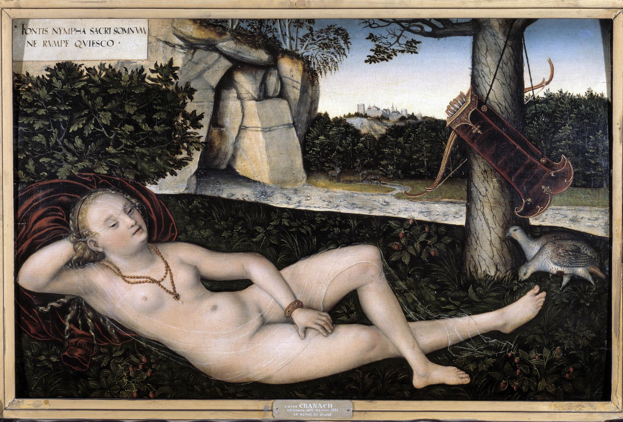 "Nymphe a la source" ou "Le repos de Diane", peinture de Lucas Cranach l'Ancien (1472-1553) Vers 1537. Besancon, Musée des Beaux Arts. [Leemage - Photo Josse]