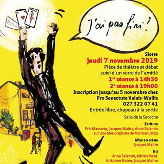 Flyer de la pièce de théâtre "J'ai pas fini" à la salle La Sacoche de Sierre. [site CMS Sierre]