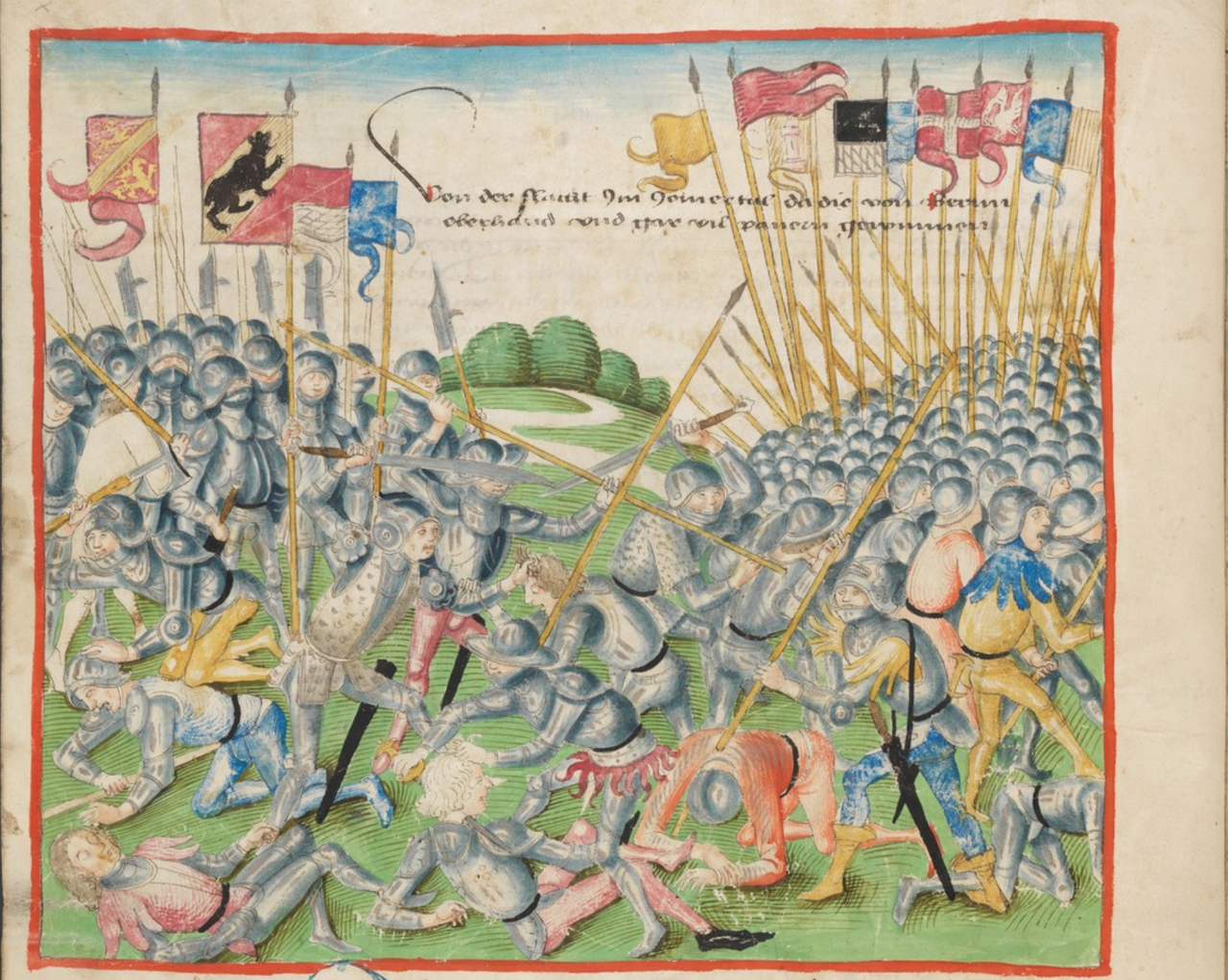 Extrait de "La chronique de Berne" (1484) de Diebold Schilling, l'aîné de Berne, qui retrace l'histoire de l'ancienne Confédération suisse jusqu'aux guerres de Bourgogne. [Université de Fribourg]