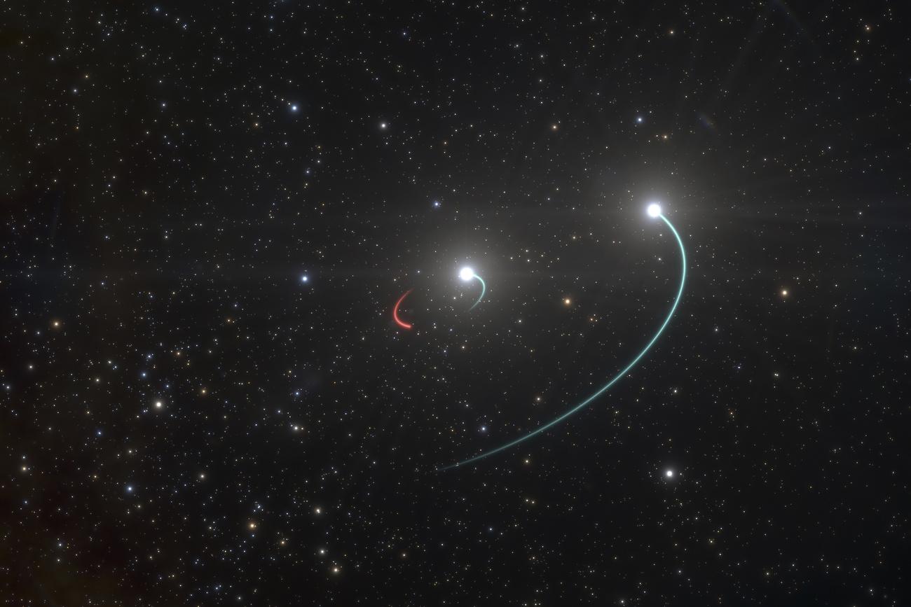 Le trou noir (invisible; orbite rouge) a été détecté dans le système stellaire HR 6819, qu'on pensait composé de deux étoiles (orbites en blanc). L'orbite inhabituelle de l'étoile la plus au centre a permis de découvrir qu'une troisième étoile (qui s'est effondrée pour former un trou noir stellaire) faisait partie du système. [Keystone - L. Calçada/ESO]