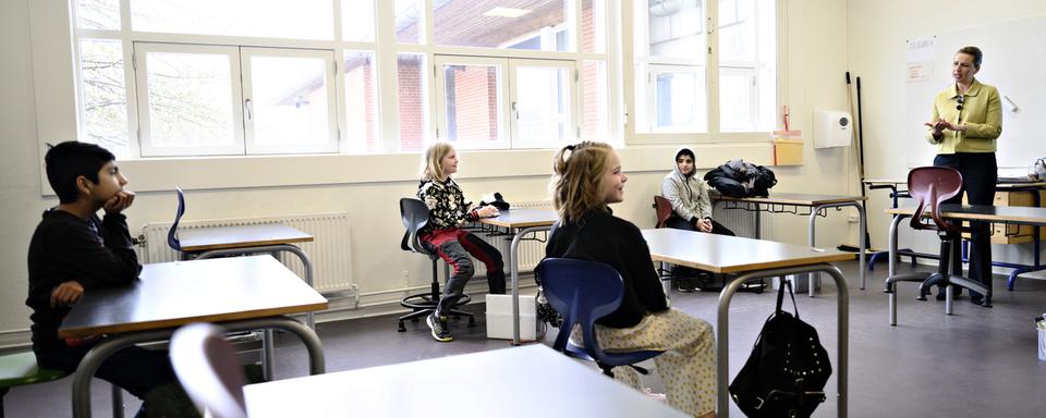 Distanciation physique dans une école de Copenhague, 15.04.2020. [Ritzau Scanpix/AP/Keystone - Philip Davali]