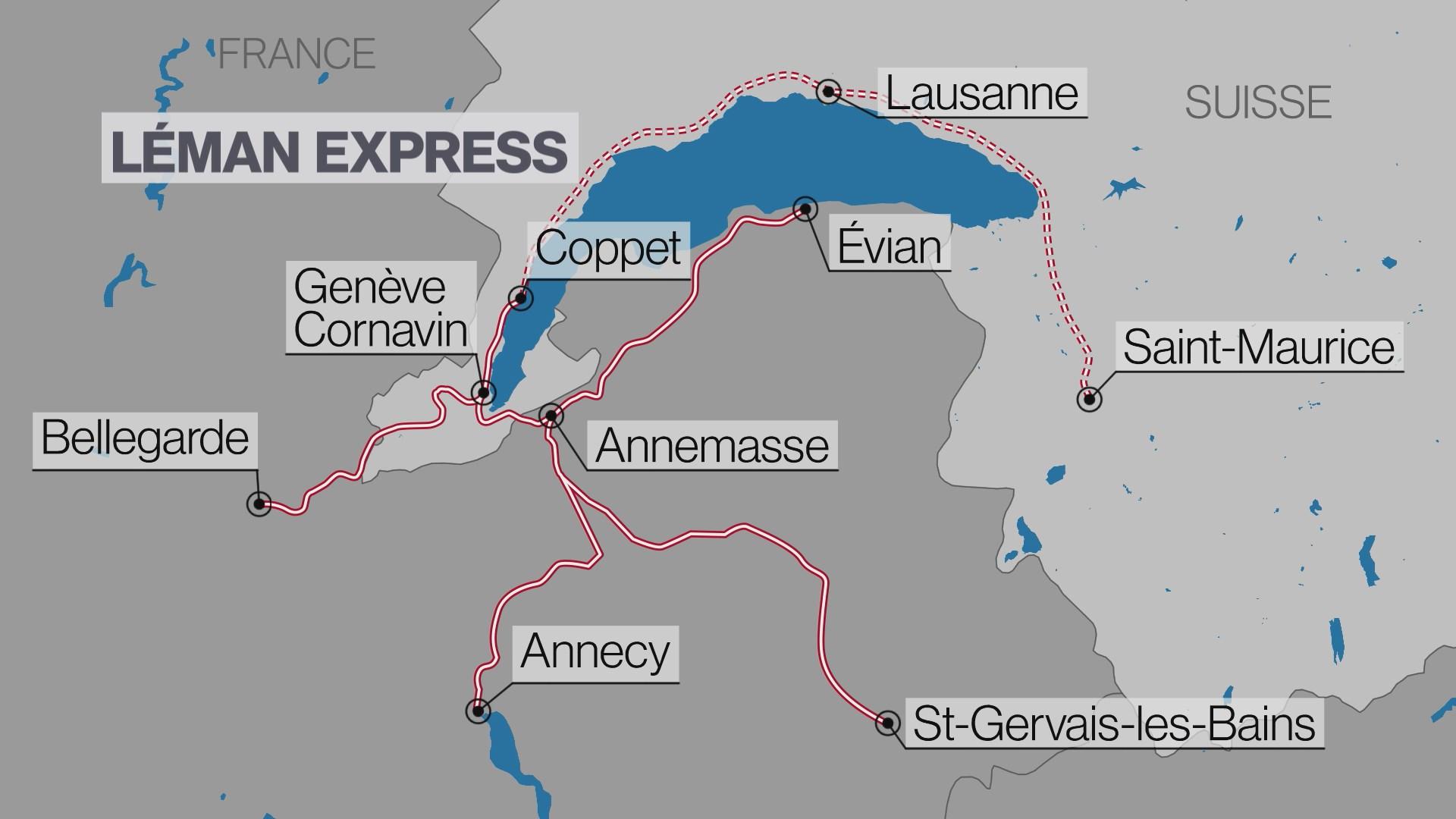 Le Léman Express connecte 45 gares de la grande agglomération genevoise sur 230 kilomètres, à cheval sur la Suisse et la France. [RTS]