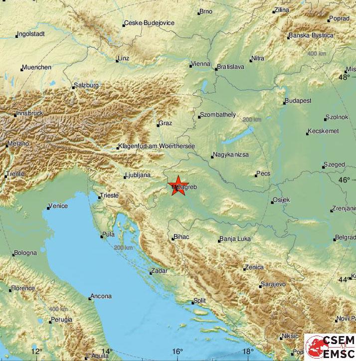L'épicentre du séisme se situait à 7 km au nord de Zagreb. [CSEM]