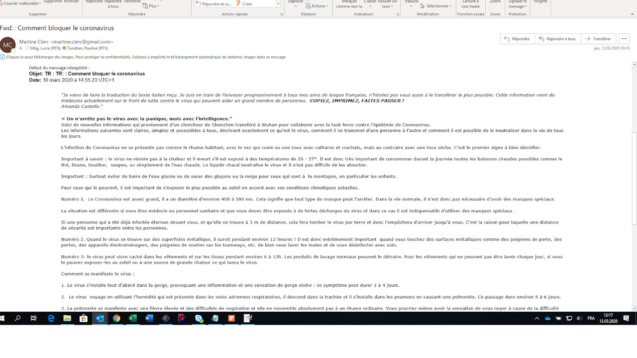 Extrait d'un e-mail qui circule à propos du coronavirus.